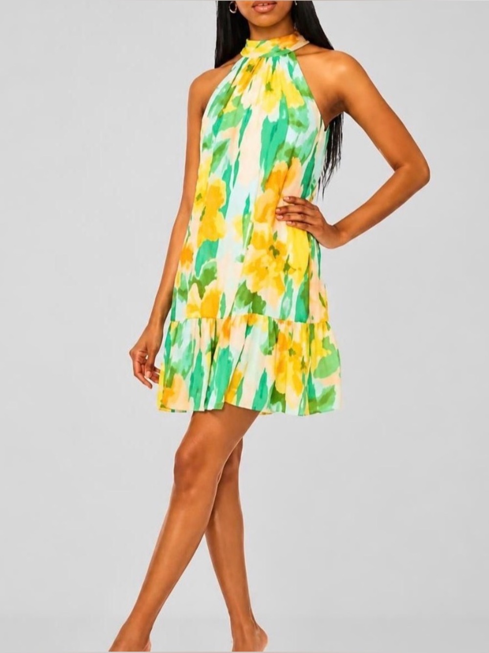 1Stage Sleeveless Yellow & Green Floral Halter Mini Dress size M NWT